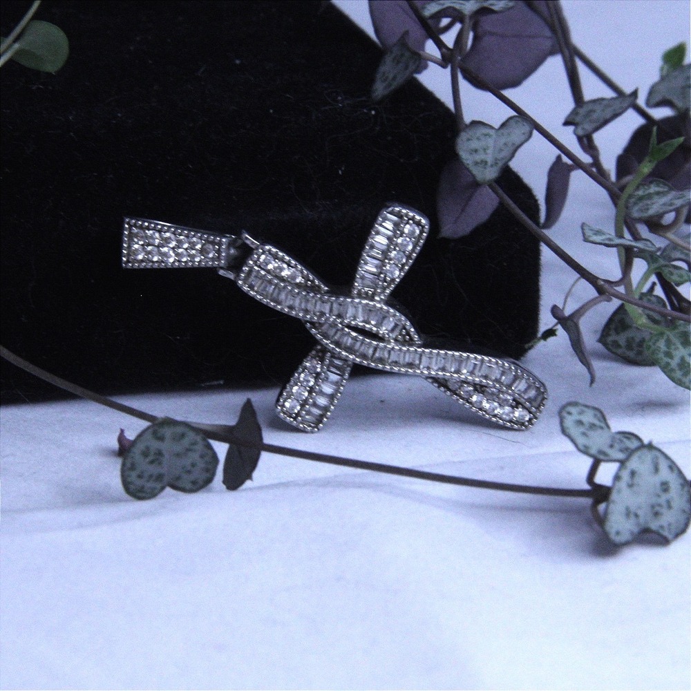 Sterling Silver 925 GM CN Baguette‎ CZ Twisted Cross Pendant Necklace Charm